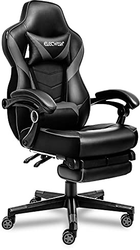 Fullwatt Video Racing Gaming Chair with Footrest, PU Leather Desk Chair | High Back Adjustable Ergonomic Recliner, Swivel Executive Computer Office Chair, Lumbar Support & Headrest Pillow -Grey