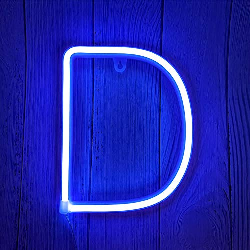 ENUOLI LED Alphabet Letter Lights Neon Sign Light Up Letters Battery and USB Operated Blue Neon Light Neon Wall Light for Bedroom, Birthday, Party, Christmas, New Year,Wedding Decor(D)