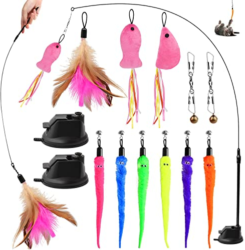 winbarry Jouet pour Chat, Jouets pour Chat intérieur, 13 Pièces Jouet à Plumes pour Chats, Jouet Chat kit avec Ventouse Amovible