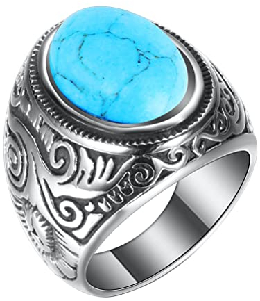 HIJONES Herren Edelstahl Vintage Oval Stein Ring Keltisch Gothic Blume Statement Schmuck Silber Blau Stein Größe 62