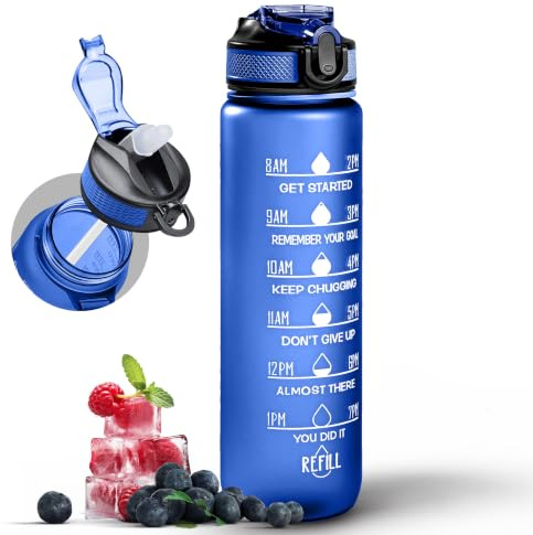 Active 100 Water Bottle 1000ml Sports Water Bottle with Motivational Time Marker & Straw, Dishwasher Safe Leak-proof Drink Bottle BPA Free Non-Toxic Tritan Material 1 Click Open for Running Gym