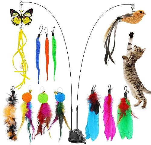 Hysagtek Katzenangel Stabil, 15 Stück Interaktives Katzenspielzeug Feder, Katzenangel Saugnapf mit Federn & Vogel, Katzenspielzeug Federkegel für Kleine Große Katzen