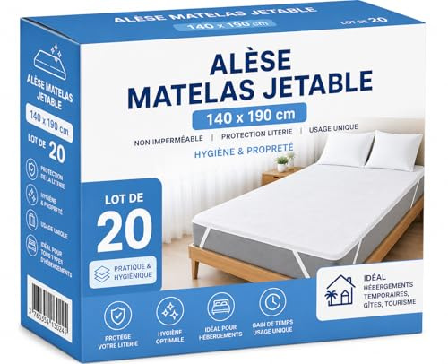 Alèse Matelas Jetable 140x190 cm | Lot de 20 | Non Imperméable | Protection Literie Usage Unique | Hygiène & Propreté | Idéal Hébergements Temporaires, Gîtes, Tourisme