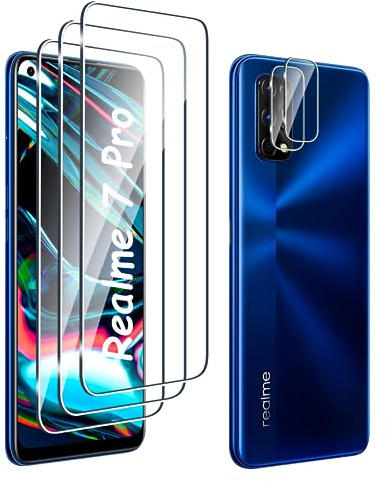 Fyqzio [3+2 Piezas Cristal templado compatible con Realme 7 Pro y protector de pantalla de cámara,sin burbujas,dureza 9H,antiarañazos,HD protector de pantalla