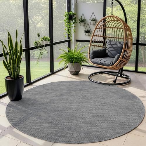 Outdoor Teppich Wetterfest Einfarbiges Design Terrasse Balkon Teppich Rund Küche Garten Sisal-Look Küchenteppich Läufer Flur, Größe: 120 cm Rund, Farbe: Grau