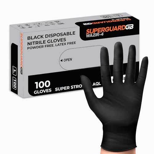 Superguard Strong Nitrile Gloves - Disposable Gloves for Food Handling, Medical, Tattoo & Cleaning - Heavy Duty Black Gloves with Latex and Powder Free, Single Use - Size XL (Pack of 100)