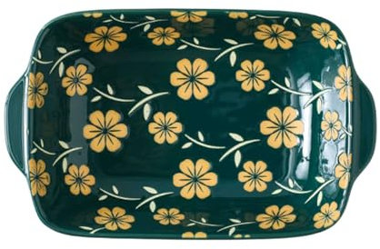 Nordic Ceramic Baking Dish For Oven, Rectangular Lasagne Dish With Handle, For Casserole Tapas Pies-Green-Flower