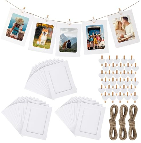 30 Pezzi Portafoto in Cartoncino, 11 X 15 cm Cornici Portafoto in Carta Kraft Nere con 30 Clip di Legno e Corde di Canapa, Passepartout Cartoncino per Compleanno/Matrimonio