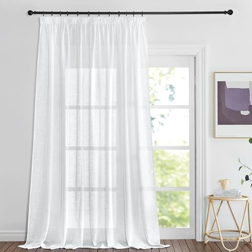 PONY DANCE Gardinen mit Kräuselband Weiss Vorhang Leinen Halbtransparent | 1er Set, H245 x B200 cm, Leinenoptik, Luftig, Lichtdurchlässig, Boho, für Schiene, Extra Breite Gardine, für Wohnzimmer