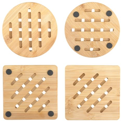 Sottopentola in Bambù Naturale Set di 4, Antiscivolo e Resistenti al Calore, Sottopentola Legno 15cm Design Elegante per Cucina, Adatti per Piatti Caldi, Pentole e Padelle, Forme Quadrate e Rotonde