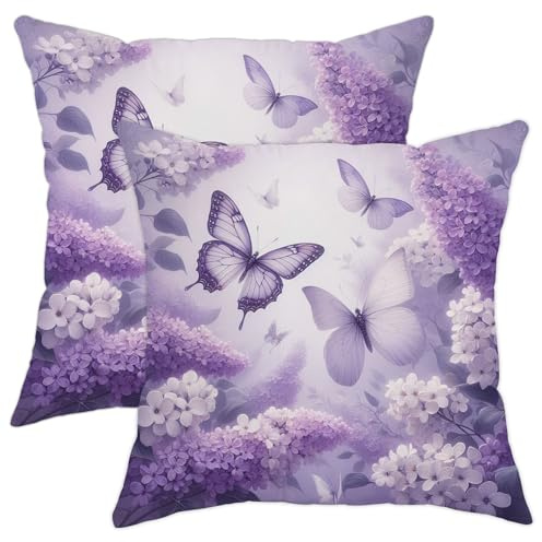 Federa per cuscino con cerniera, color lilla, con ortensia, floreale, farfalla, romanticismo sognante, cottagecore, country, viola, rosa, in velluto, lavabile, per divano, casa, ufficio, soggiorno