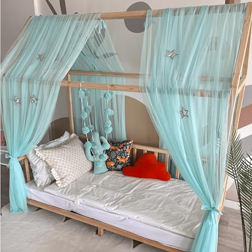 Baby Fancyroom Hausbett Himmel mintgrün Betthimmel Deko Set Kinderzimmer Kinderbett Baldachin Pompongirlande aus Premium Tüll für Hausbetten (340cm)