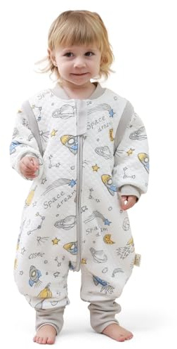MIKAFEN Baby Schlafsack mit Füßen 2,0 Tog für Kinder 3-4 Jahre | 100% Baumwolle , Abnehmbare Armeln, praktischer Doppelreißverschluss,Geeignet für Frühling, Herbst und Winter,Raumfahrzeug