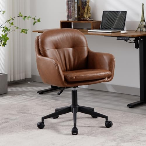 chairus Bürostuhl Höhenverstellbar, 360° Drehbar, Rollen, PU Leder/Braun | Moderner verstellbarer Schreibtischstuhl mit weichem Chenille, 360°-Drehfunktion, 8 cm Höhenverstellung, für Arbeitszimmer
