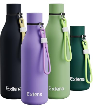Exllena Bouteille d'eau en métal de 500 ml avec sangle en silicone, double paroi isotherme sous vide, garde les boissons froides 24 heures/chaudes 12 heures, bouteille d'eau en acier inoxydable sans