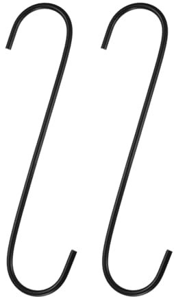 sourcing map 2pcs Long S Hooks 8 Inch Extra Long Metal S-Shaped Hanging Hooks High Manganese Steel S Hanger Storage Organizing Tool for Kitchen Garden Bathroom Garage Closet, Black