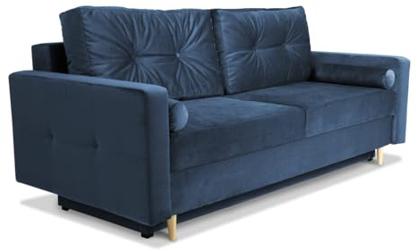 MG Design Sofa mit Schlaffunktion 215x70 cm (Liegefläche 190x150 cm) blau - 3 er Couch mit Bettzeugablage, Armlehnen, 2 Kissen - Velours - 3-Sitzer Sofa, für Wohnzimmer/Gästezimmer, Wohnzimmer Möbel