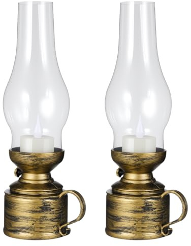 Zerodeko 2Pcs Kerosene Lamp Vintage Flameless Table Lamp, Led Kerosene Lantern Clear Hurricane Lamp Battery Operated Nightstand for Bedroom Living Room (Bronze)