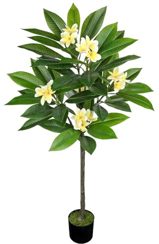 Hollyone 120 cm Kunstpflanze Wie Echt, Tropischer Kunstbaum mit Hawaiianischer Plumeria Gelb, Faux Frangipani Blume Zimmerpflanze für Heimdeko, Wohnzimmer, Schlafzimmer, Büro Dekoration