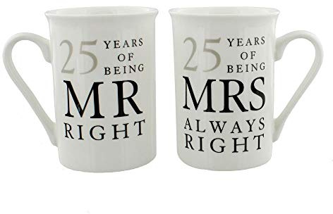 Happy Homewares Ivory White 25th Anniversary Mr Right & Mrs Always Right Ceramic Gloss Mug Gift Set