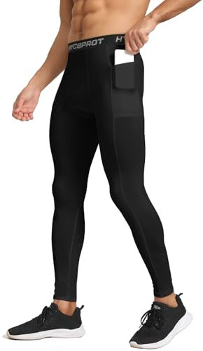 HYCOPROT Pantalon de Compression pour Hommes avec Poches Séchage Rapide Pantalon de Course Base Layer Leggings de Collant pour Basketball Fitness Jogging (Noir, XL)