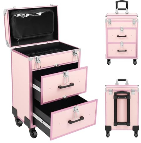 Valise cosmétique à roulettes avec roulettes pivotantes à 360° et 3 tiroirs 2 boutons - Grande valise de maquillage pour la conception des ongles, le voyage, l'esthéticienne, la coiffeuse, rose, Rose,