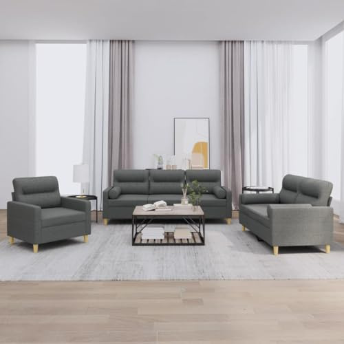 KATERYY 3-TLG. Sofagarnitur mit Kissen Dunkelgrau Stoff Möbel Wohnzimmer