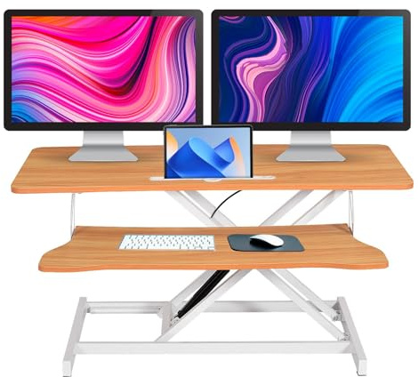 Höhenverstellbarer Schreibtisch-Aufsatz 94 x 40 - Sit-Stand-Erhöhung Macht Jede Workstation zum Standing Desk - mit Tastaturablage Belastbar bis 20 kg Gadgets - Holzfarbe