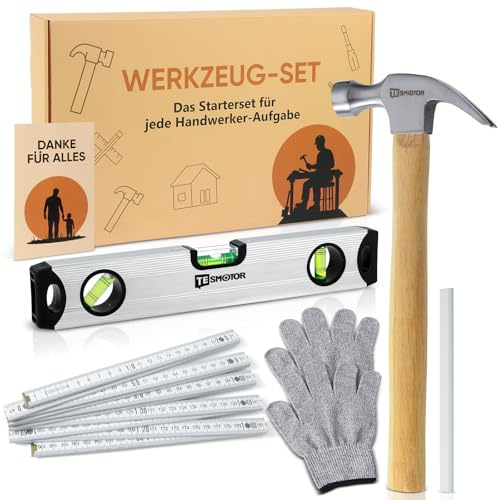 Werkzeug Geschenkset für Männer – 6-teilig mit Hammer, Zollstock, Wasserwaage, Bleistift, Schnittschutzhandschuhen & Grußkarte – Praktisches DIY Set für Papa, Opa, Geburtstag & Vatertag