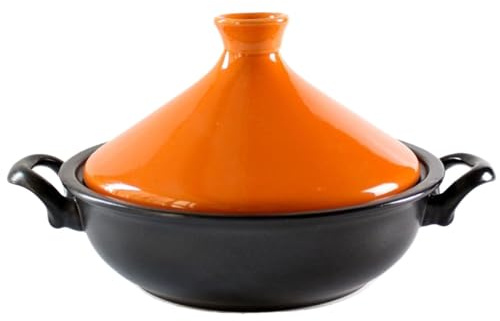 Tajine Traditionnel marocain en céramique et Argile, avec Couvercle Conique et Double poignée, pour Cuisson Lente et ragoûts, Design Artisanal (Orange)