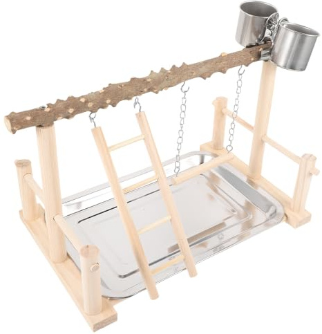 VALICLUD Soporte para Loros de Madera de Huajillo Natural, Perchero de Entrenamiento Plataforma y Columpio, Tamaño Mediano, Adecuado para Jaulas de Pájaros y Aves Domésticas