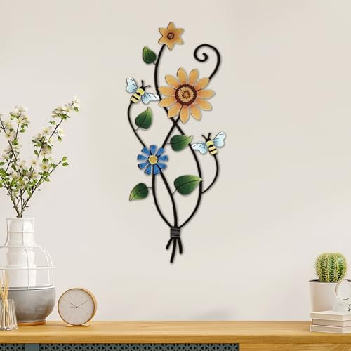 Cokoozoo Garden Ornaments Outdoor, Ornaments for Living Room, Metal Sunflower Wall Art with Bee, Colorful Metal Wall Hanging Ornament for Living Room Garden Porch Balcony Farmhouse Kitchen Fence