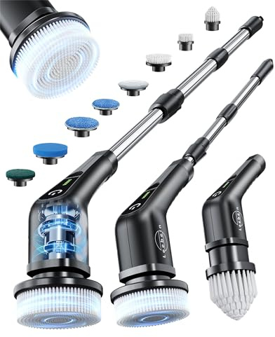 Leebein Brosse de nettoyage électrique sans fil pour salle de bain, étanche IPX7 avec 7 têtes de brosse, long manche extensible et 2 vitesses pour sol de baignoire