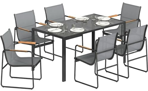 Outsunny Conjunto de Mesa y Sillas Jardín de 7 Piezas Gris