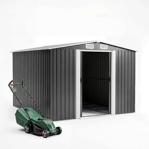 JUMMICO Metall Gerätehaus 13.2m³ Geräteschuppen 247x301x178cm, Gartenschuppen mit Fundament und, Gartenhaus für für Rasenmäher und Fahrräder, Terrasse, Rasen, Schwarz
