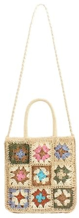 YGMNQAL Borsa Intrecciata Donna Borsa a mano di grande capacità, lavorata a maglia, con giunzioni all'uncinetto, con fiori intrecciati, realizzata a mano e portatile.(Beige)