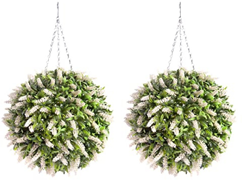 Best Artificial Pair of 38cm Ivory White Lush Long Leaf Lavender Topiary Hanging Flower Balls **UV Fade Protected**