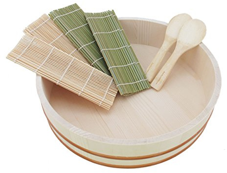 BambooMN Hangiri Oke Sushi-Reiskühlschale/-wanne mit 7-teiligem Sushi-Servierzubehör-Set, extra groß, 36,1 cm