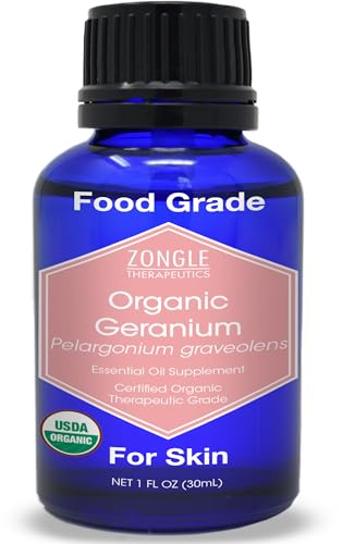Organic, Geranium Essential Oil, Food Grade, for Skin – 100% Pure, Geranium Oil, by Zongle Therapeutics, 1 OZ