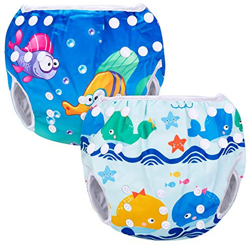 Luxja Riutilizzabile Pannolini da Nuoto (Confezione da 2), Costume Pannolino Lavabili, Impermeabile Pannolino Piscina (0-3 Anni), Balene + Pesci