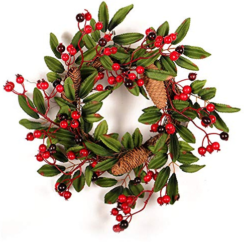 VHVCX Decoración De La Puerta 40 Cm Corona De Navidad Artificial Espuma Baya del Acebo con El Pino Natural Cono Colgante Decoración De La Pared De La Guirnalda