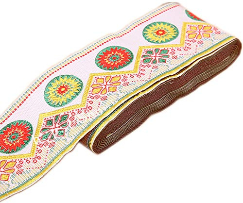 Jacquardband mit Suzani-Blumen-Spitze, bestickt, 7 m, Weiß, 5 cm