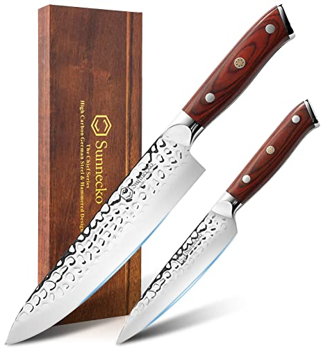 Sunnecko 2pcs Kochmesser Set Küchenmesser Set - Messerset 20cm Kochmesser 13cm Allzweckmesser, Profi Messer Set Scharf Klinge Küchenmesser Holzgriff 2pcs Kitchen Knife Set