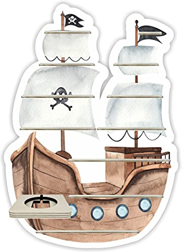 Farbklecks-Collection Tonie Regal Piratenboot, Wandregal für bis zu 50 Hörfiguren, Maße 6 x 48 x 68 cm, mit speziellem Ablagefach kompatibel mit Toniebox, handgefertigt in Deutschland
