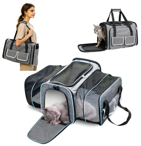 PETCUTE Transporttasche Katze,Faltbar Erweiterbare Transportbox Hund mit Weiches Fleece-Bett,Öffnung an 2 Seiten,Atmungsaktiv Katzentragetasche mit Seitentaschen,Airline Genehmigt,Grau,S