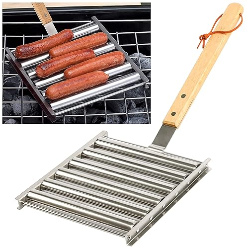 KAYCROWN Hot Dog Roller - Stainless Steel Sausage Rack With Extra Long Wood Handle, BBQ Griller for Evenly Cooked Dogs, 5 Capacity