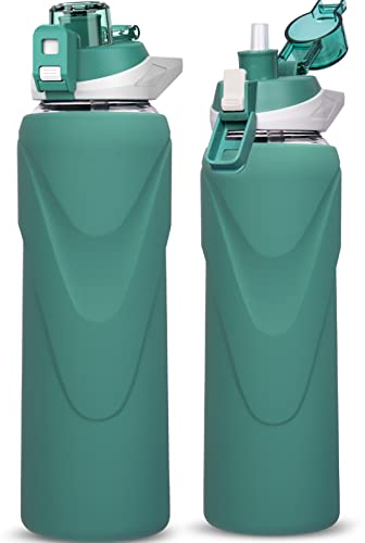 DEARRAY 1 Litro Borraccia Sportiva in Vetro con Cannuccia 1l Bottiglia di Acqua con Custodia in Silicone