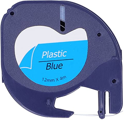 Fyearfly Prägeband, Etikettenband Ersatz für DYMO LETRATAG Maschine Farbband DIY Druck Zubehör Kunststoff-Prägeetiketten 12mm x 4meter(Schwarzer Buchstabe auf Blau 91205)