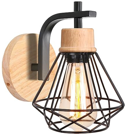 iDEGU Aplique de Pared Retro, 16CM Vintage Lámpara de Pared Interior de Madera Hierro Diseño Jaula Creativo Luce de Pared Industriale E27 Iluminación de Pared para Dormitorio Salón Pasillo (Negro)