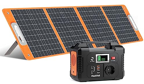 FlashFish 151Wh Station Électrique avec Panneau Solaire 100W, 200W Generateur Electrique Portable avec Prise Européenne 230V et DC/USB/type C, Générateur Solaire Pour camping, voyages, Urgences
